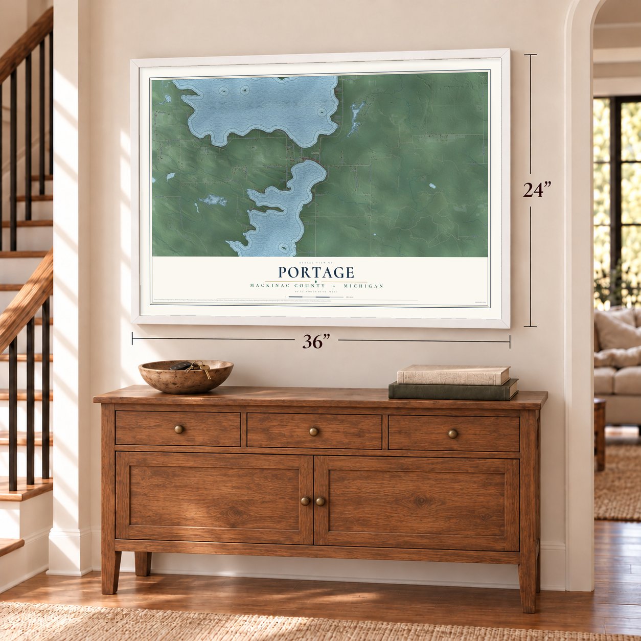Portage, Mackinac County, Michigan map, 24 x 36 inch print in a white frame above a dresser by a staircase