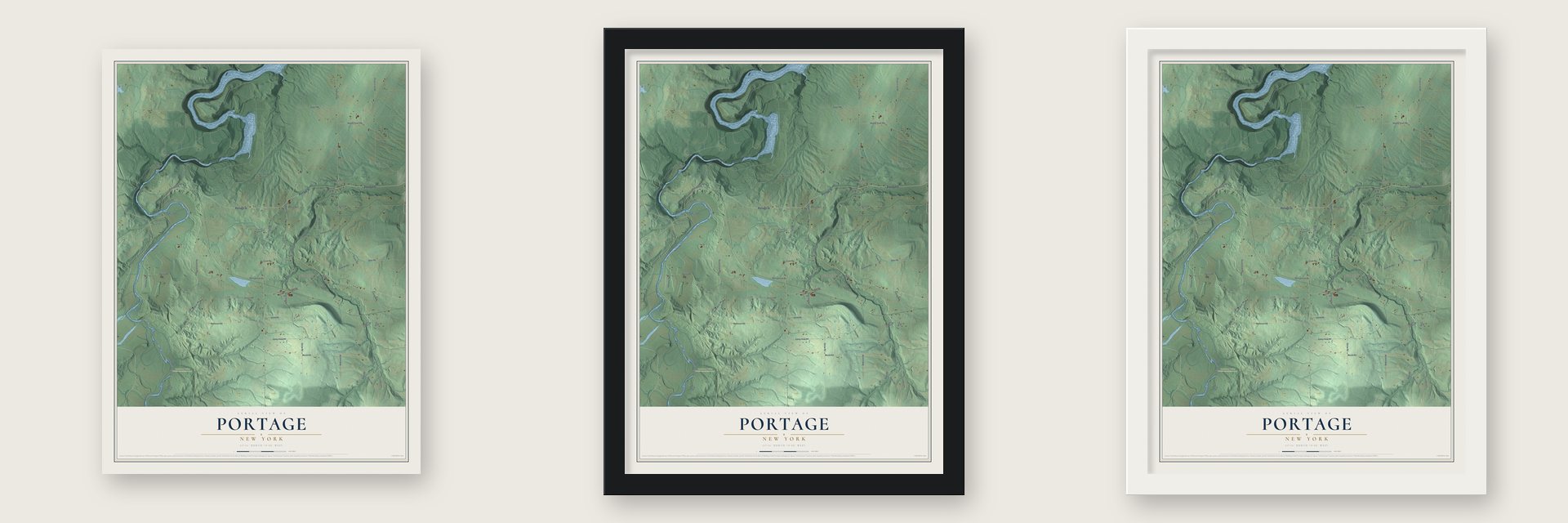 Portage, New York map unframed, in a black wood frame and in a white wood frame