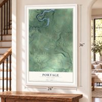Portage, New York map, 24 x 36 inch print in a white frame by a staircase