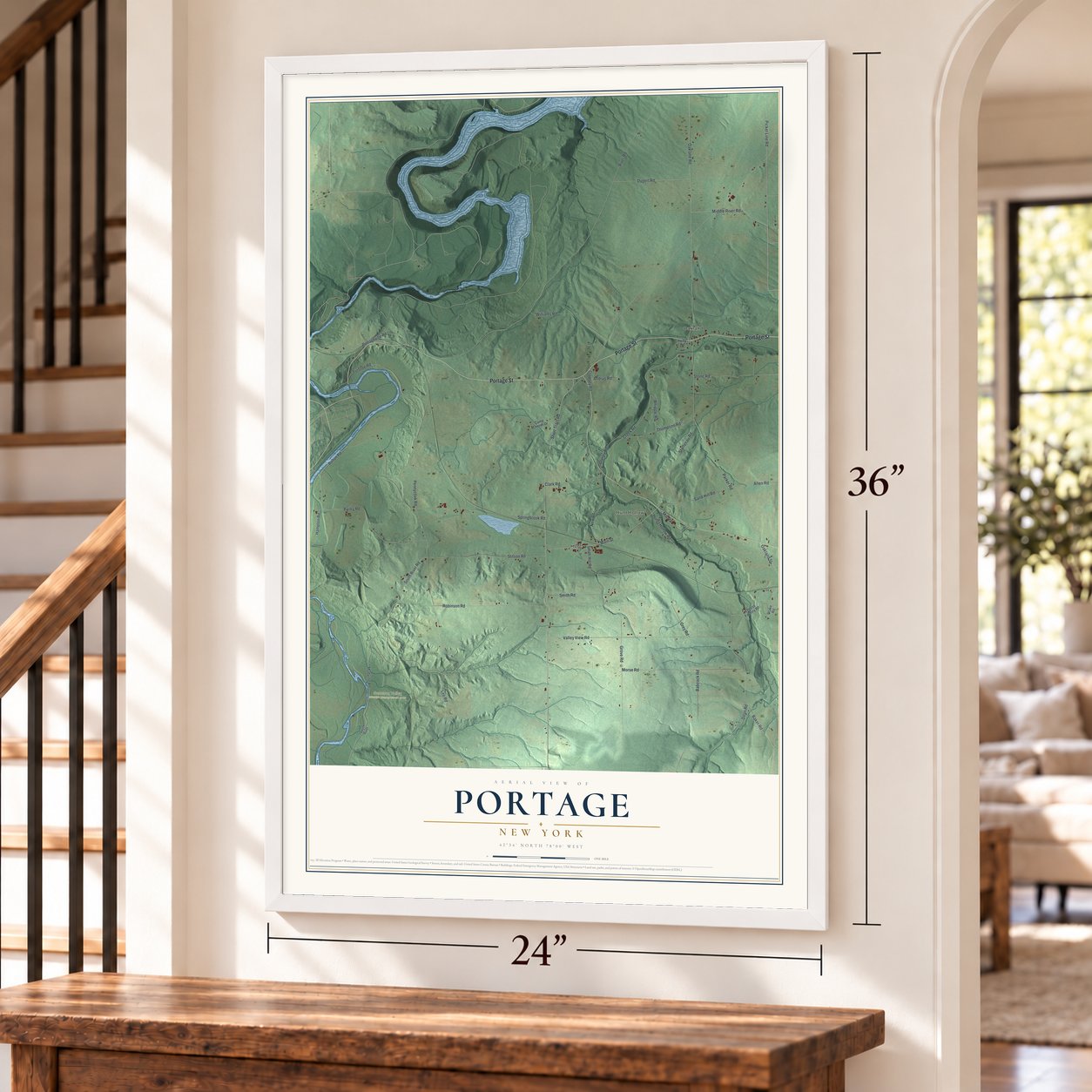 Portage, New York map, 24 x 36 inch print in a white frame by a staircase