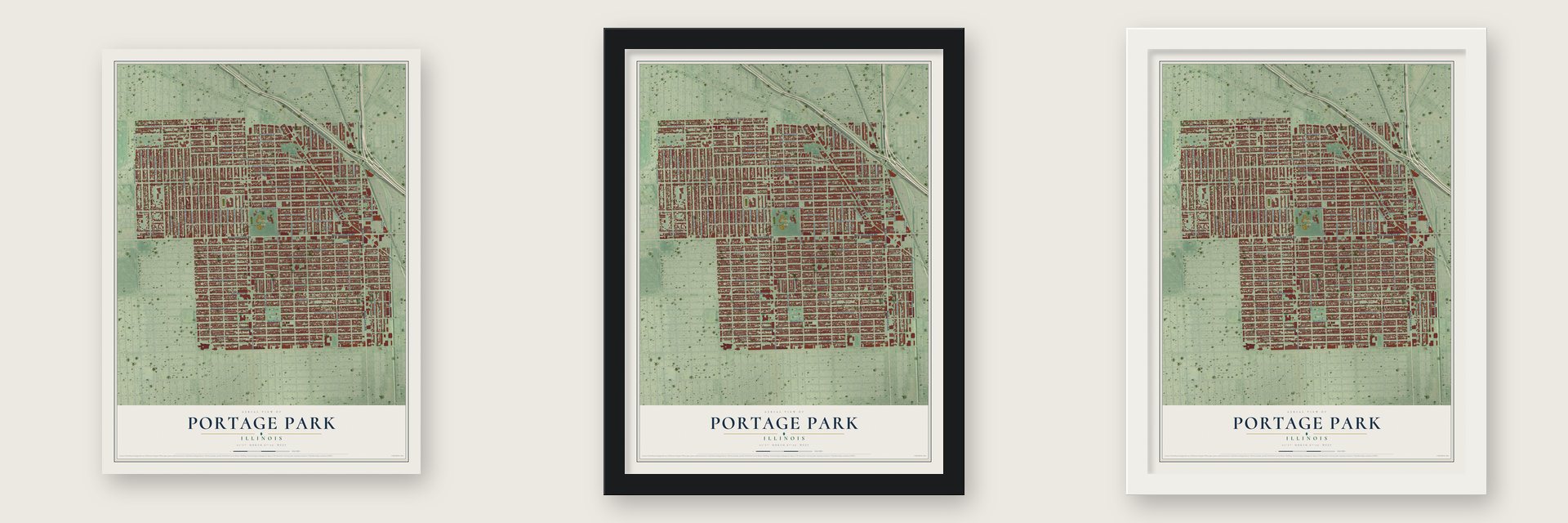 Portage Park, Illinois map unframed, in a black wood frame and in a white wood frame