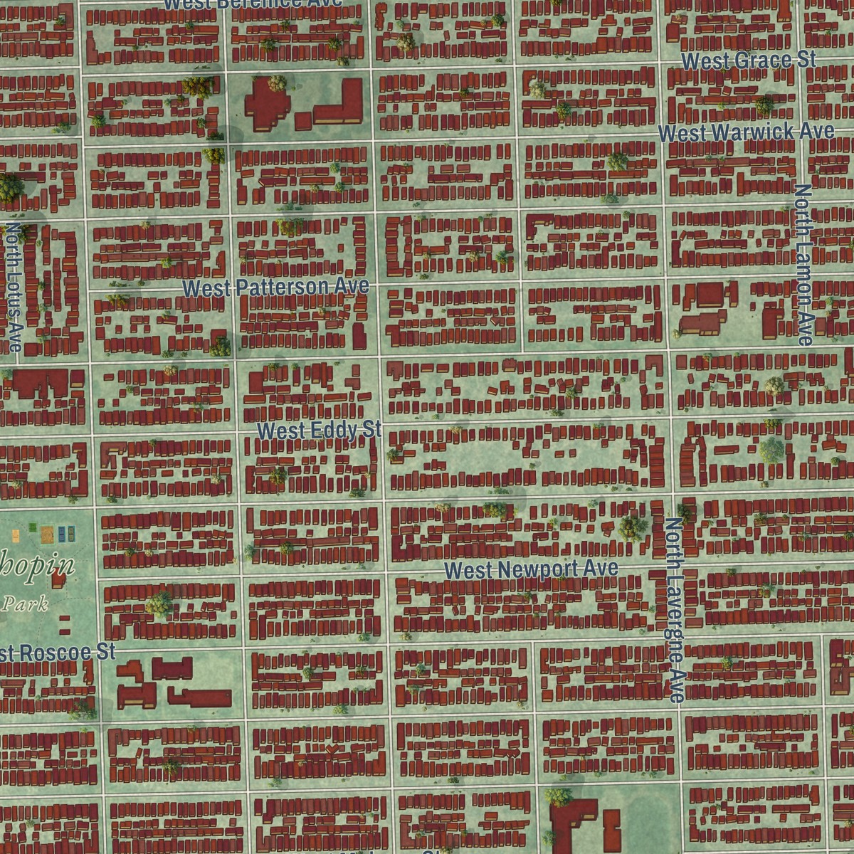Second close-up of the map of Portage Park, Illinois print showing more streets and buildings