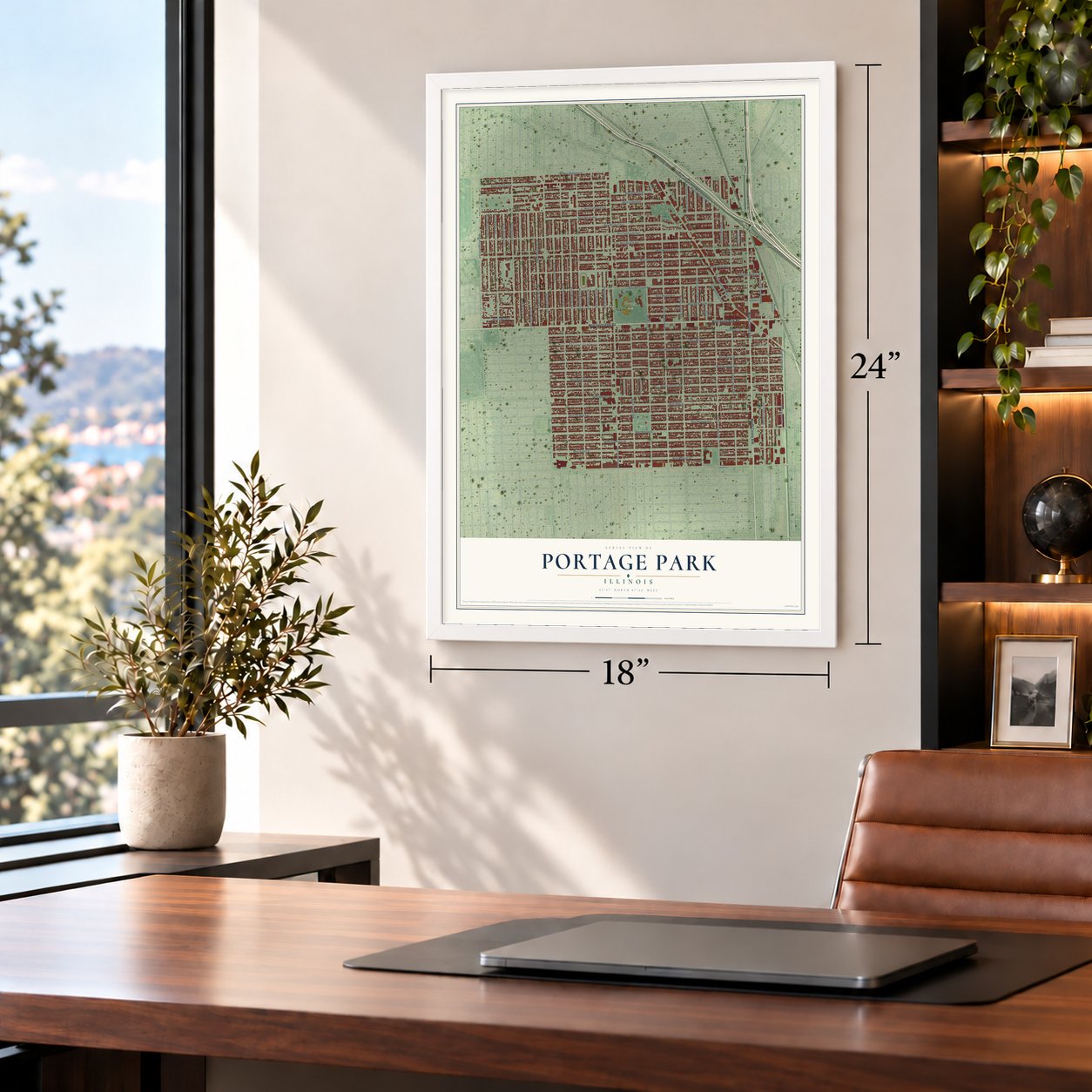 Portage Park, Illinois map, 18 x 24 inch print in a white frame in a home office