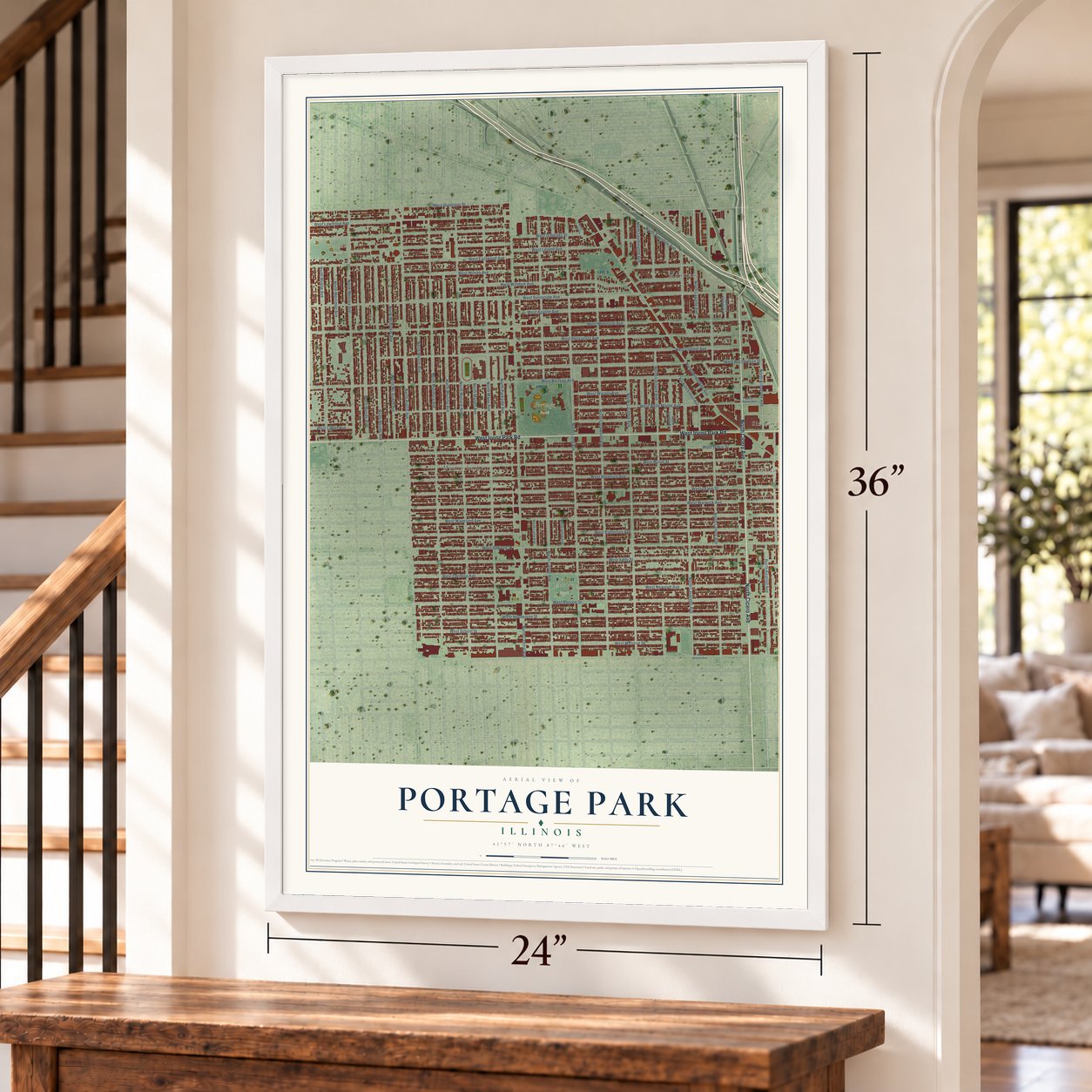 Portage Park, Illinois map, 24 x 36 inch print in a white frame by a staircase