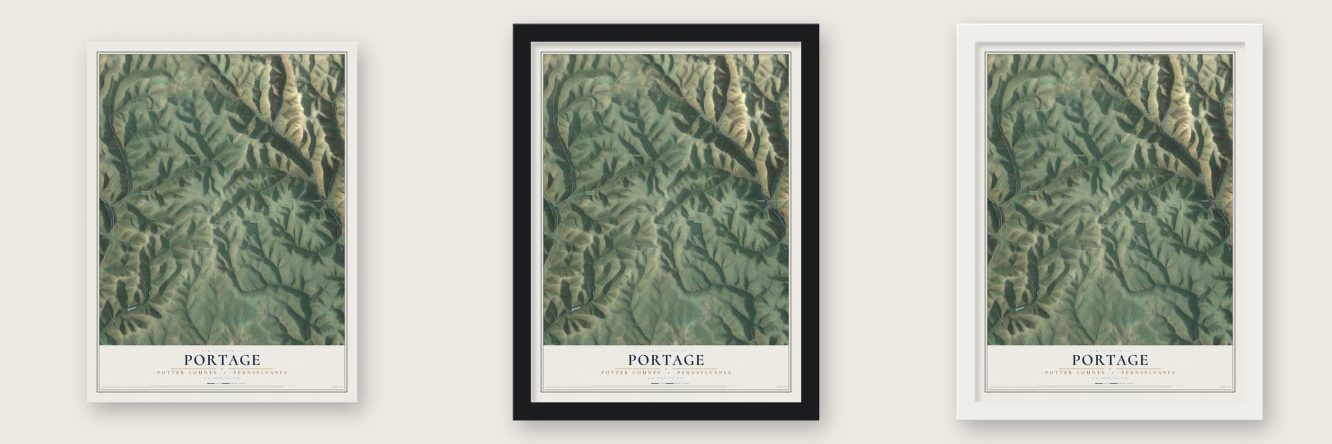 Portage, Potter County, Pennsylvania map unframed, in a black wood frame and in a white wood frame