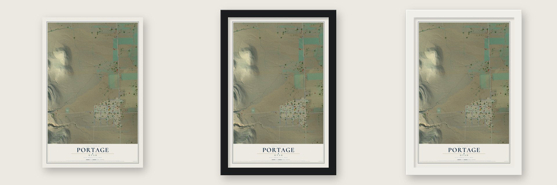 Portage, Utah map unframed, in a black wood frame and in a white wood frame
