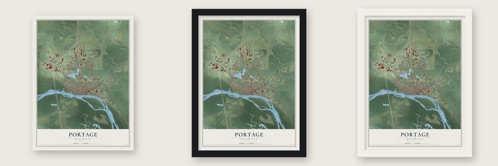 Portage, Wisconsin map unframed, in a black wood frame and in a white wood frame