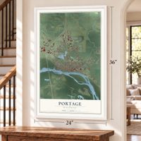 Portage, Wisconsin map, 24 x 36 inch print in a white frame by a staircase