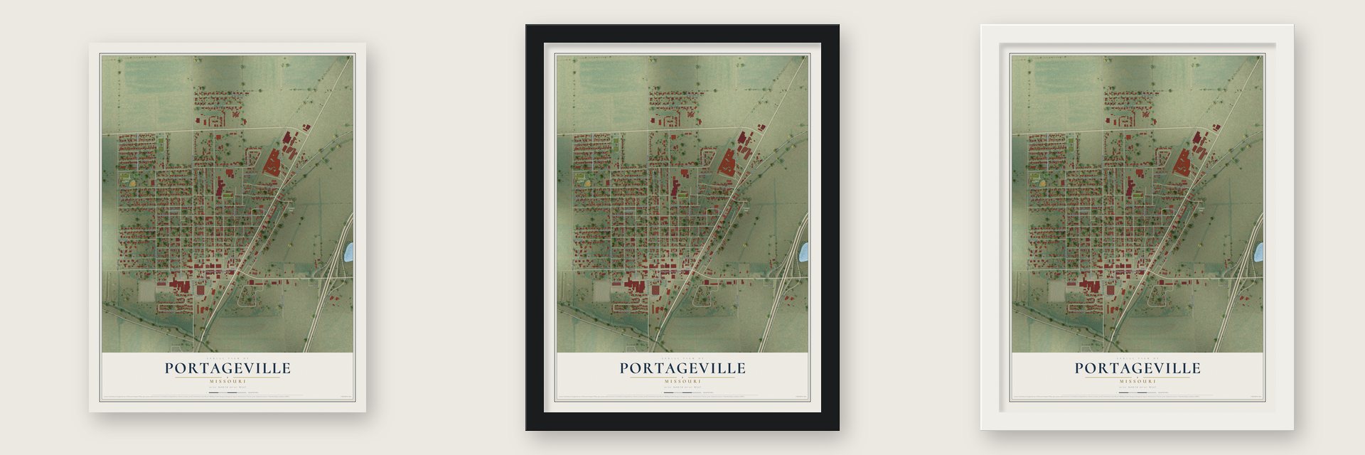 Portageville, Missouri map unframed, in a black wood frame and in a white wood frame
