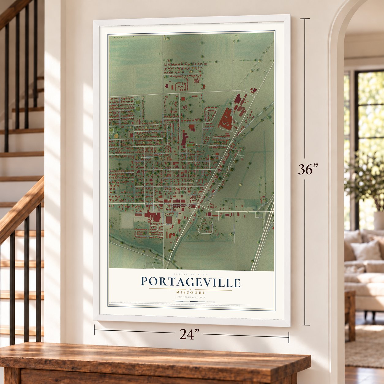 Portageville, Missouri map, 24 x 36 inch print in a white frame by a staircase