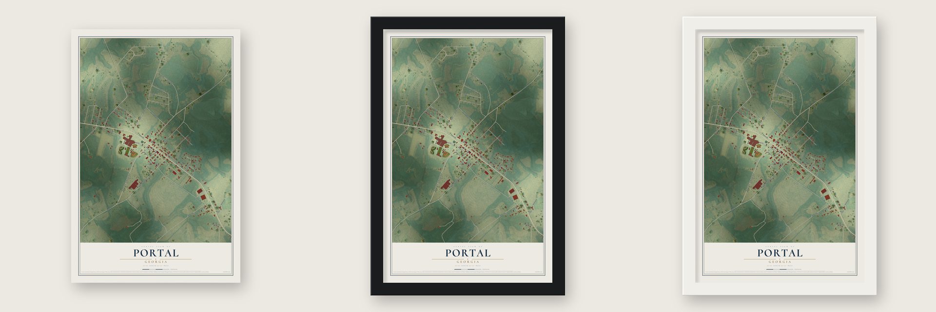 Portal, Georgia map unframed, in a black wood frame and in a white wood frame