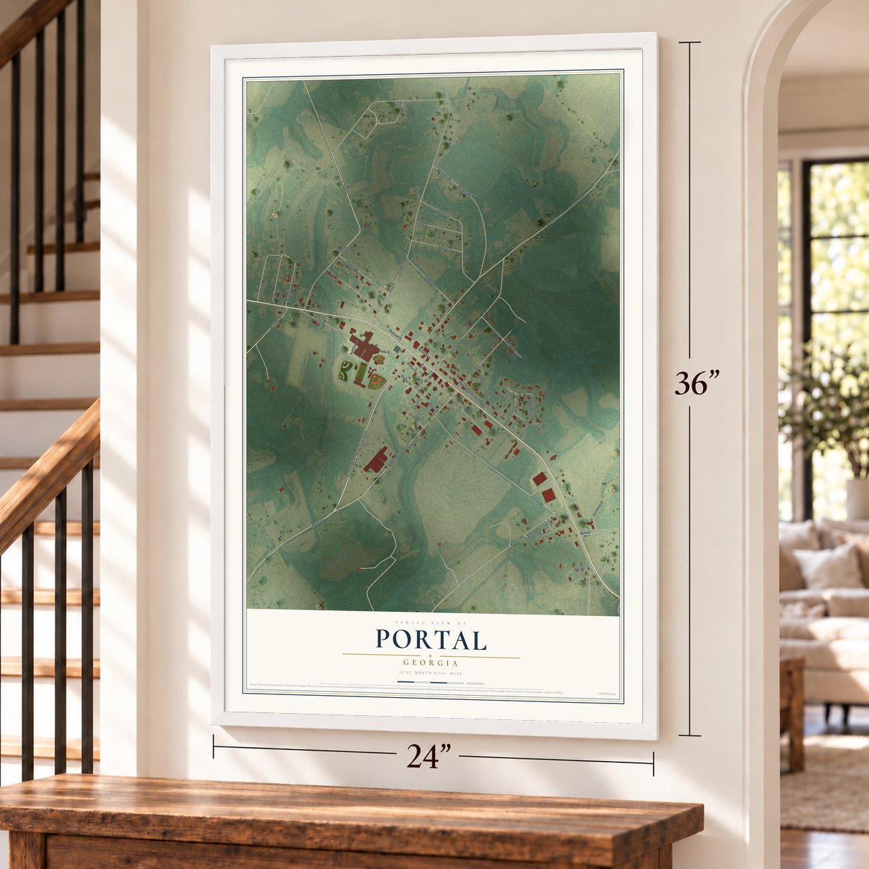Portal, Georgia map, 24 x 36 inch print in a white frame by a staircase
