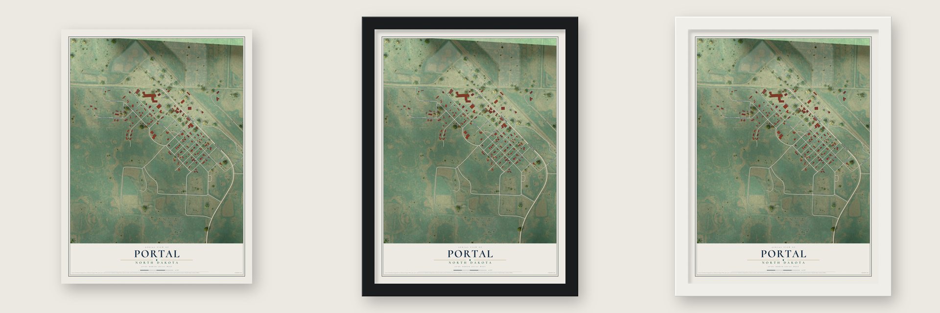 Portal, North Dakota map unframed, in a black wood frame and in a white wood frame