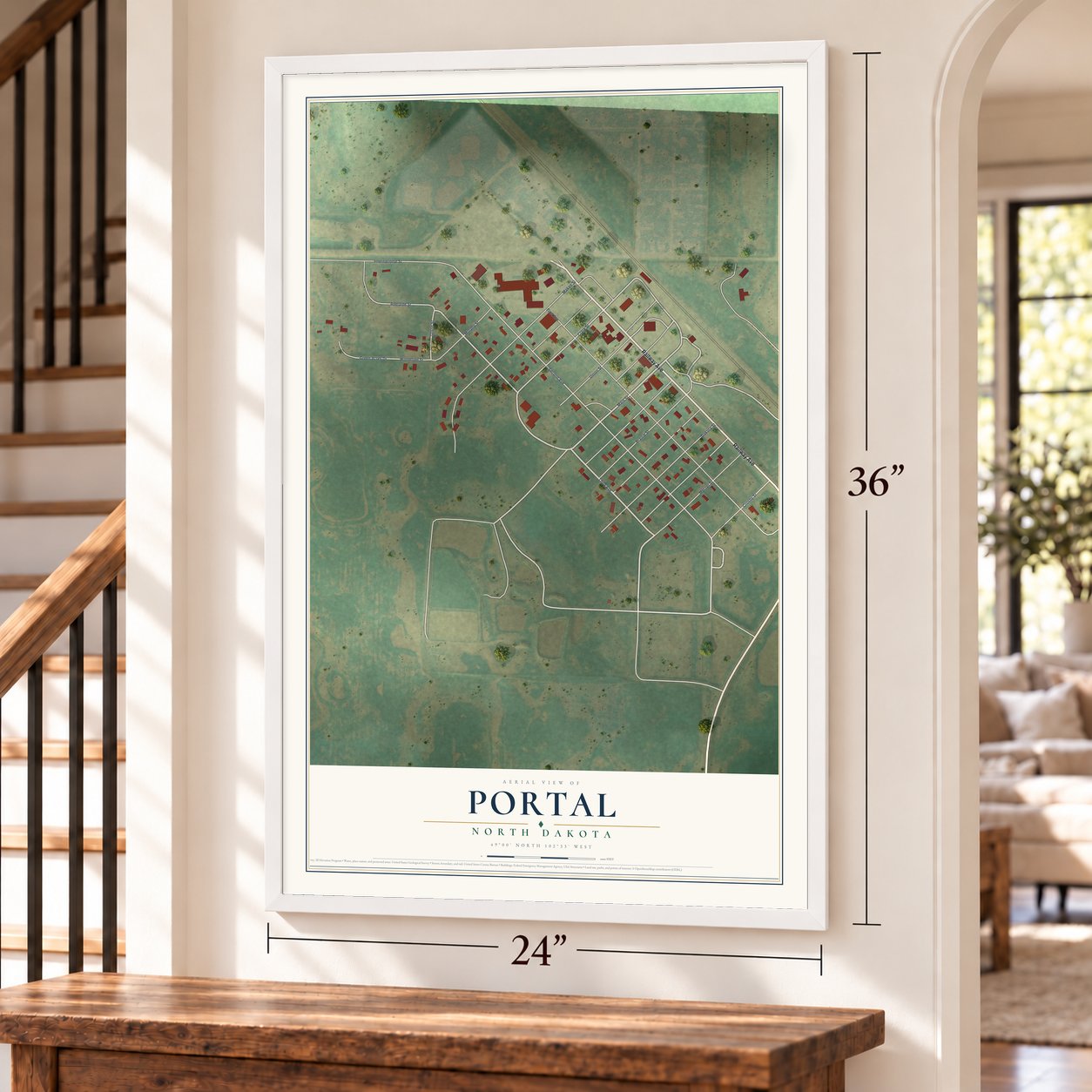 Portal, North Dakota map, 24 x 36 inch print in a white frame by a staircase