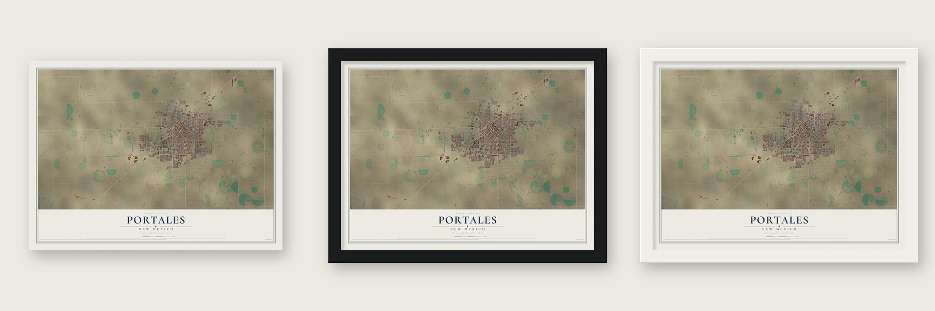 Portales, New Mexico map unframed, in a black wood frame and in a white wood frame