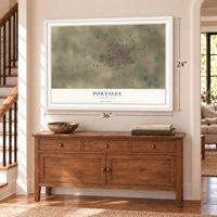 Portales, New Mexico map, 24 x 36 inch print in a white frame above a dresser by a staircase