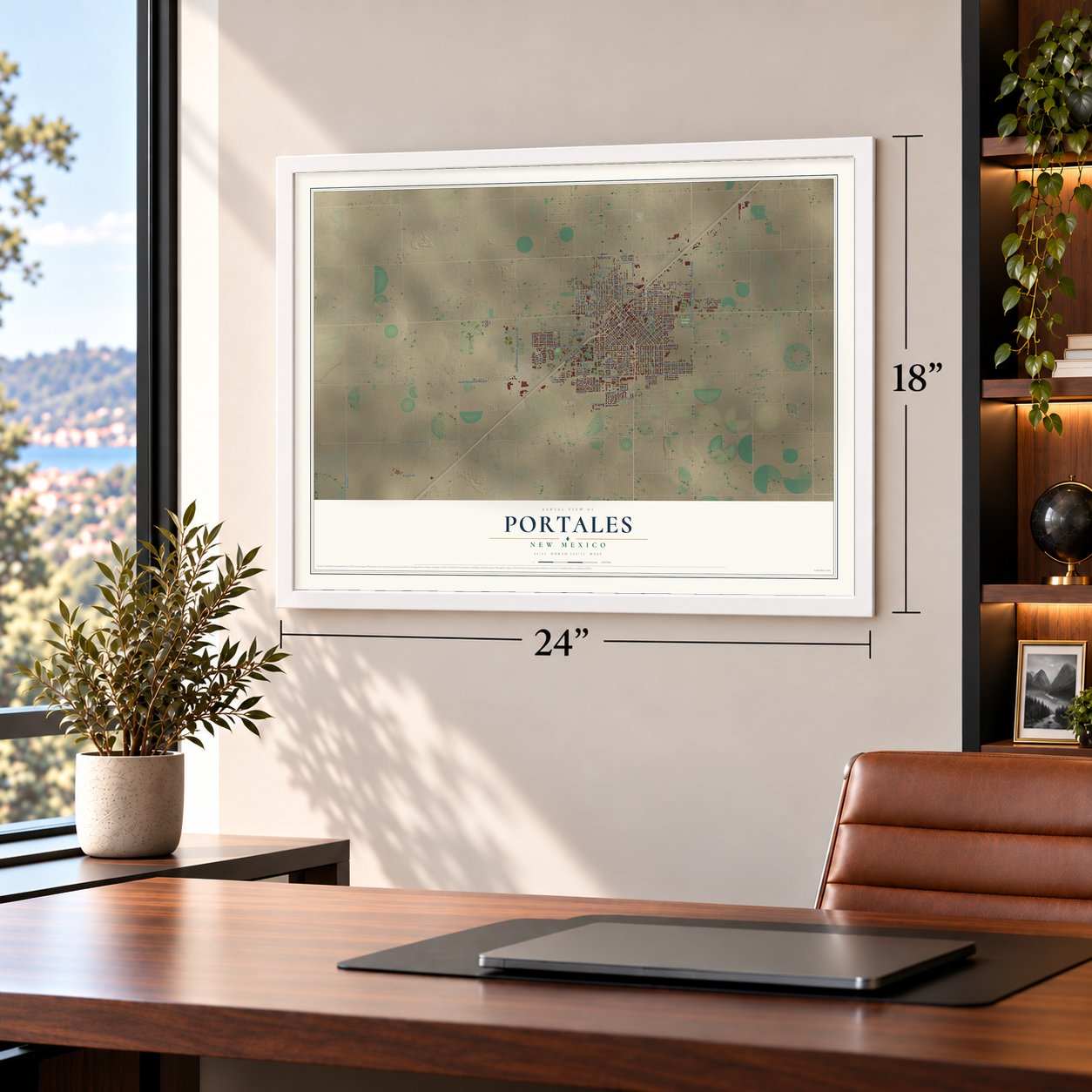 Portales, New Mexico map, 18 x 24 inch print in a white frame in a home office