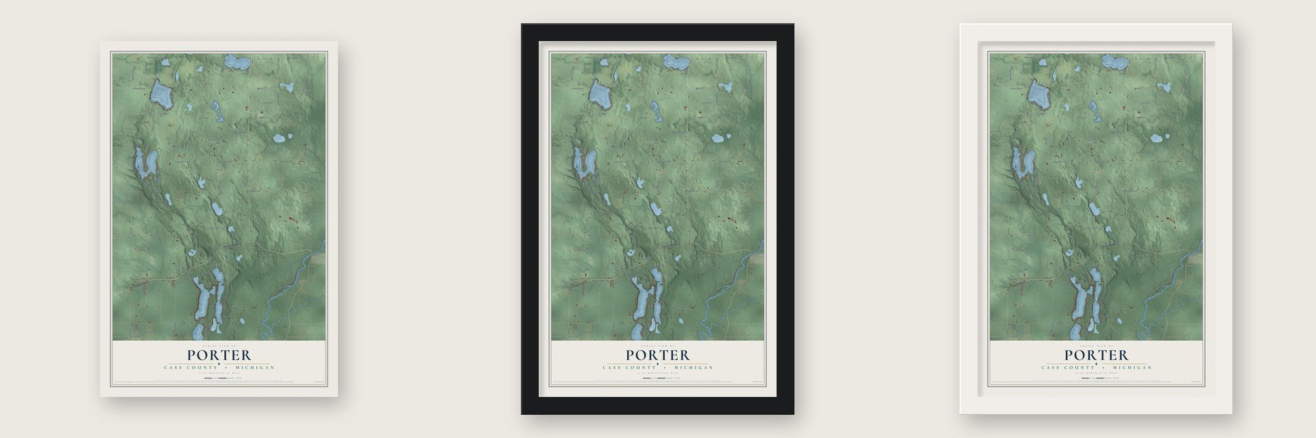 Porter, Cass County, Michigan map unframed, in a black wood frame and in a white wood frame