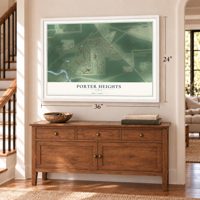 Porter Heights, Texas map, 24 x 36 inch print in a white frame above a dresser by a staircase