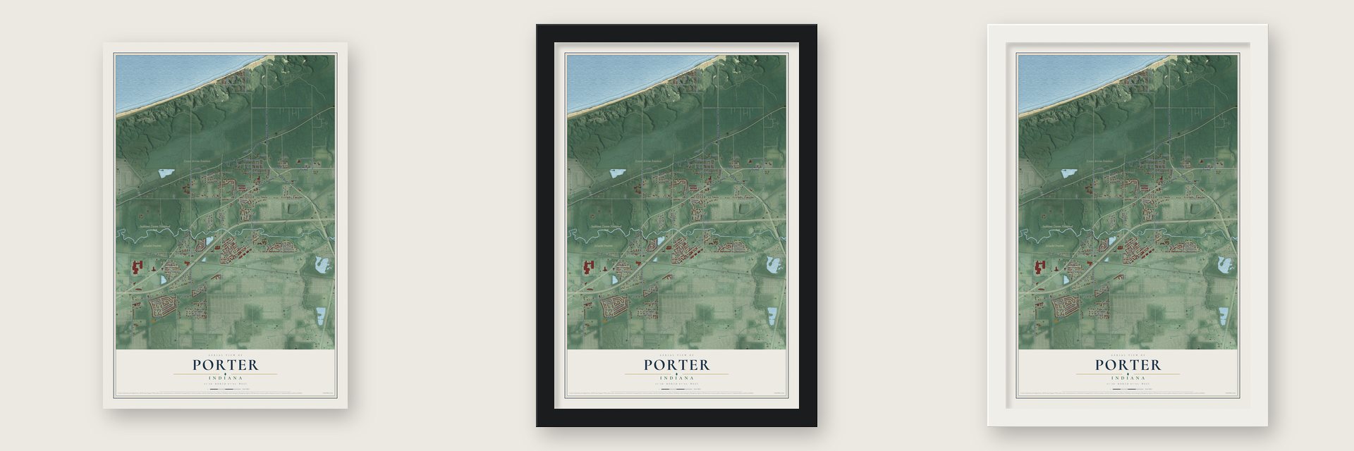 Porter, Indiana map unframed, in a black wood frame and in a white wood frame
