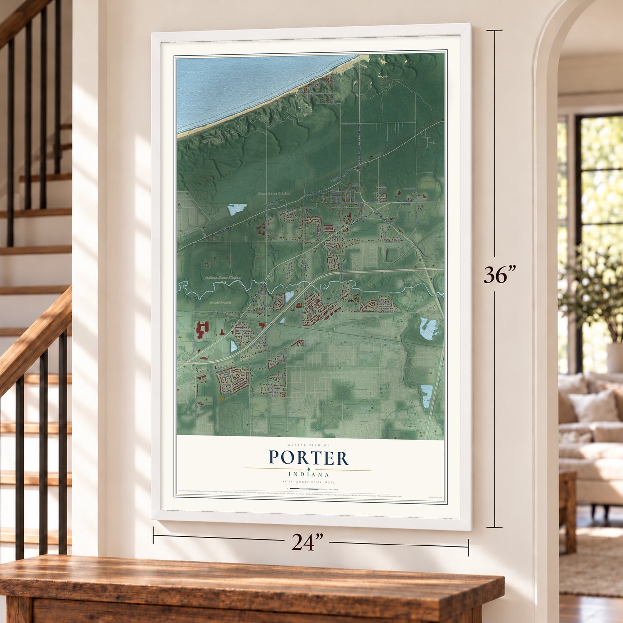Porter, Indiana map, 24 x 36 inch print in a white frame by a staircase