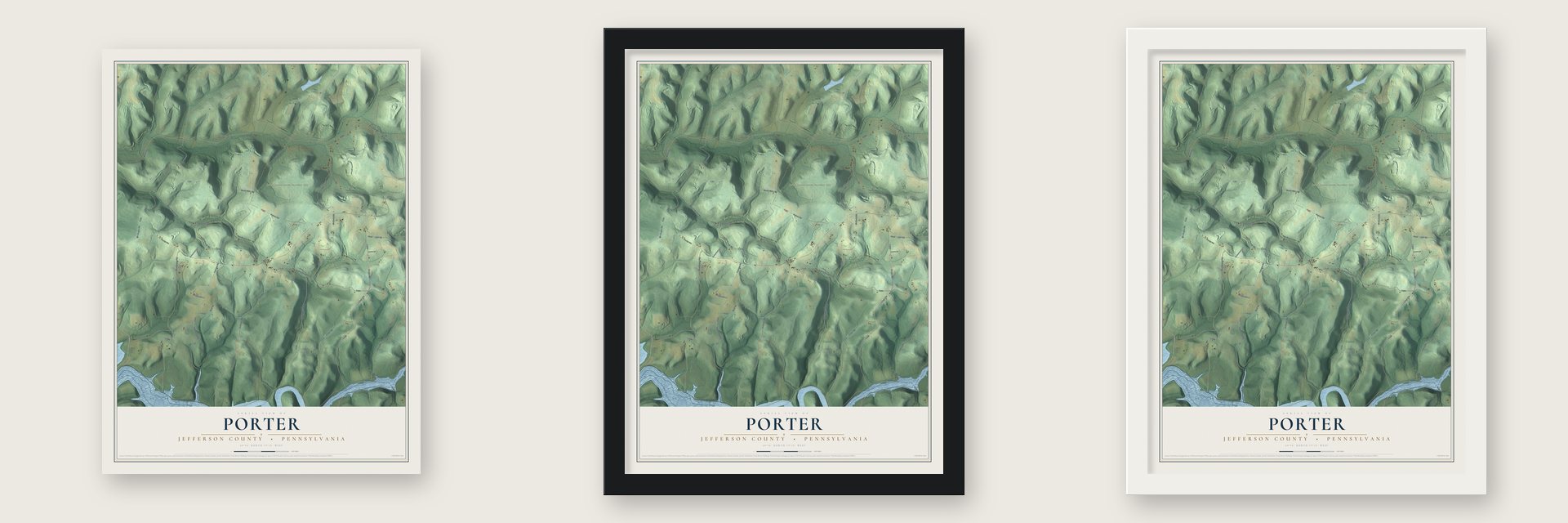 Porter, Jefferson County, Pennsylvania map unframed, in a black wood frame and in a white wood frame