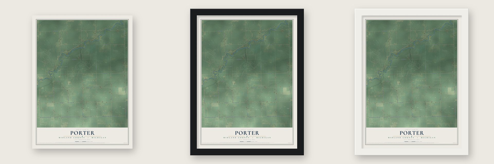 Porter, Midland County, Michigan map unframed, in a black wood frame and in a white wood frame
