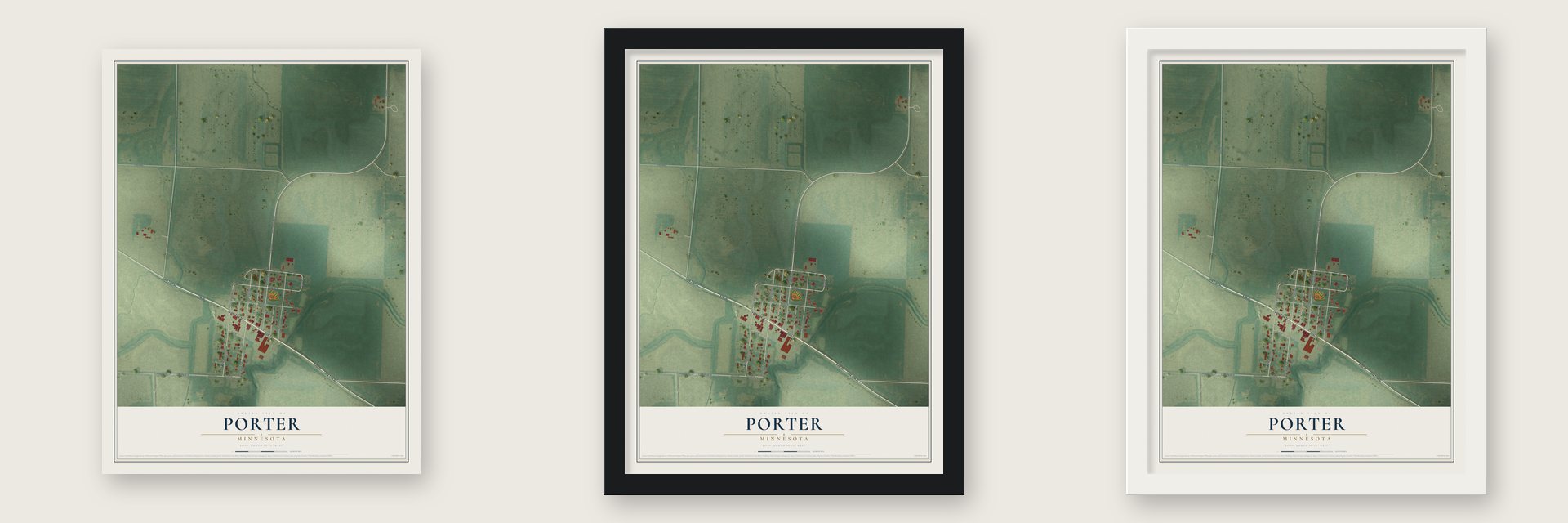Porter, Minnesota map unframed, in a black wood frame and in a white wood frame