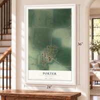 Porter, Minnesota map, 24 x 36 inch print in a white frame by a staircase