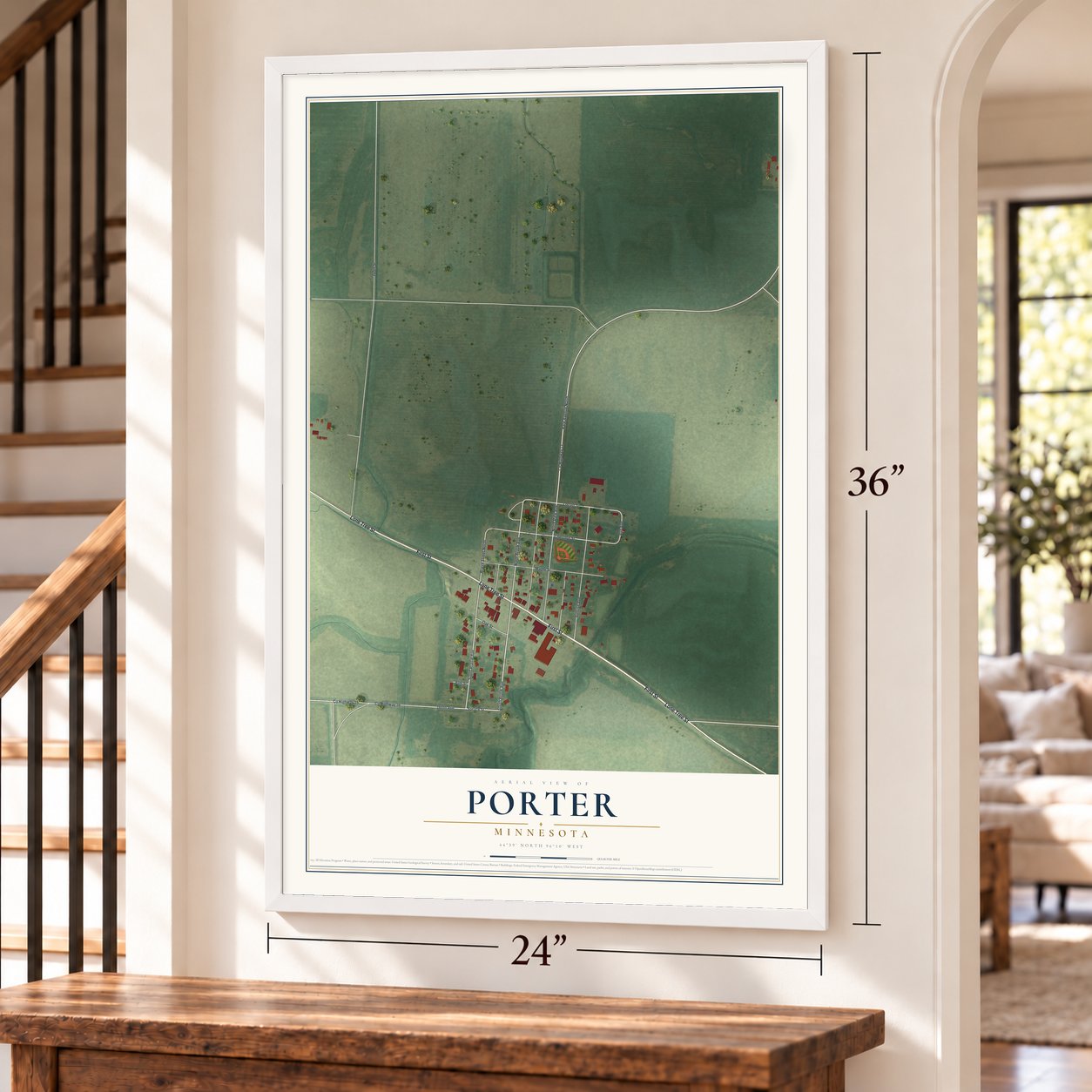 Porter, Minnesota map, 24 x 36 inch print in a white frame by a staircase
