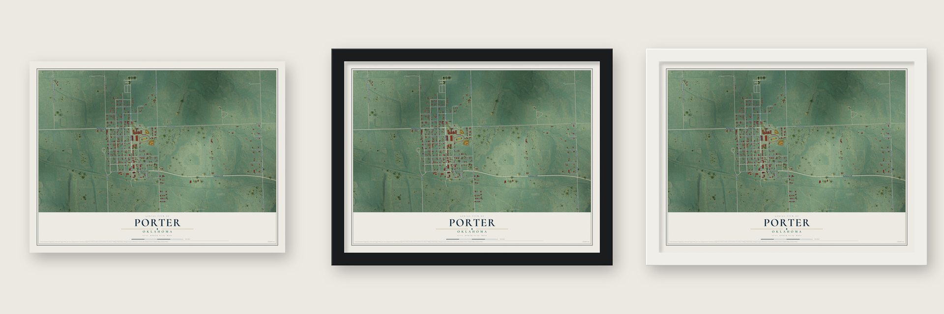Porter, Oklahoma map unframed, in a black wood frame and in a white wood frame