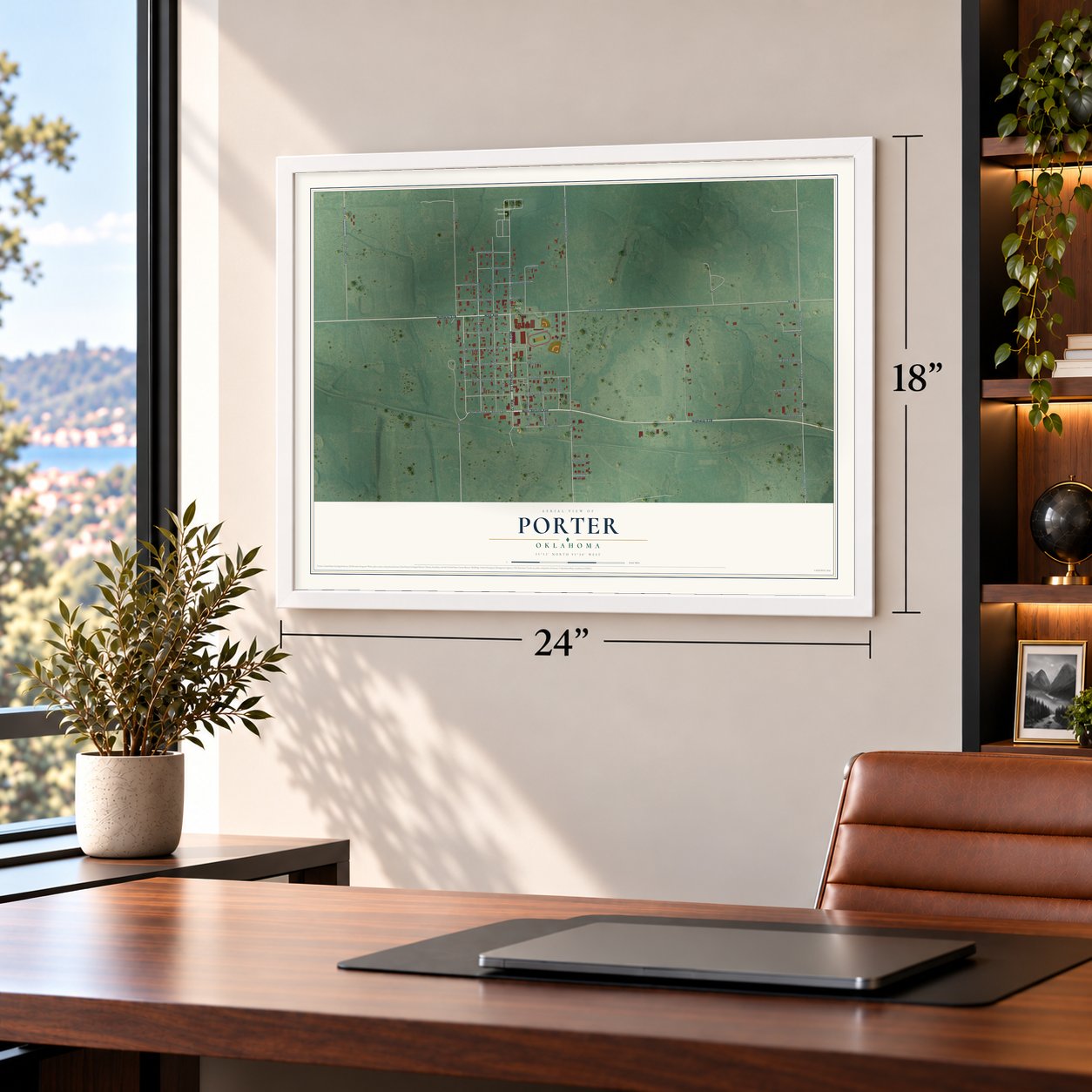 Porter, Oklahoma map, 18 x 24 inch print in a white frame in a home office