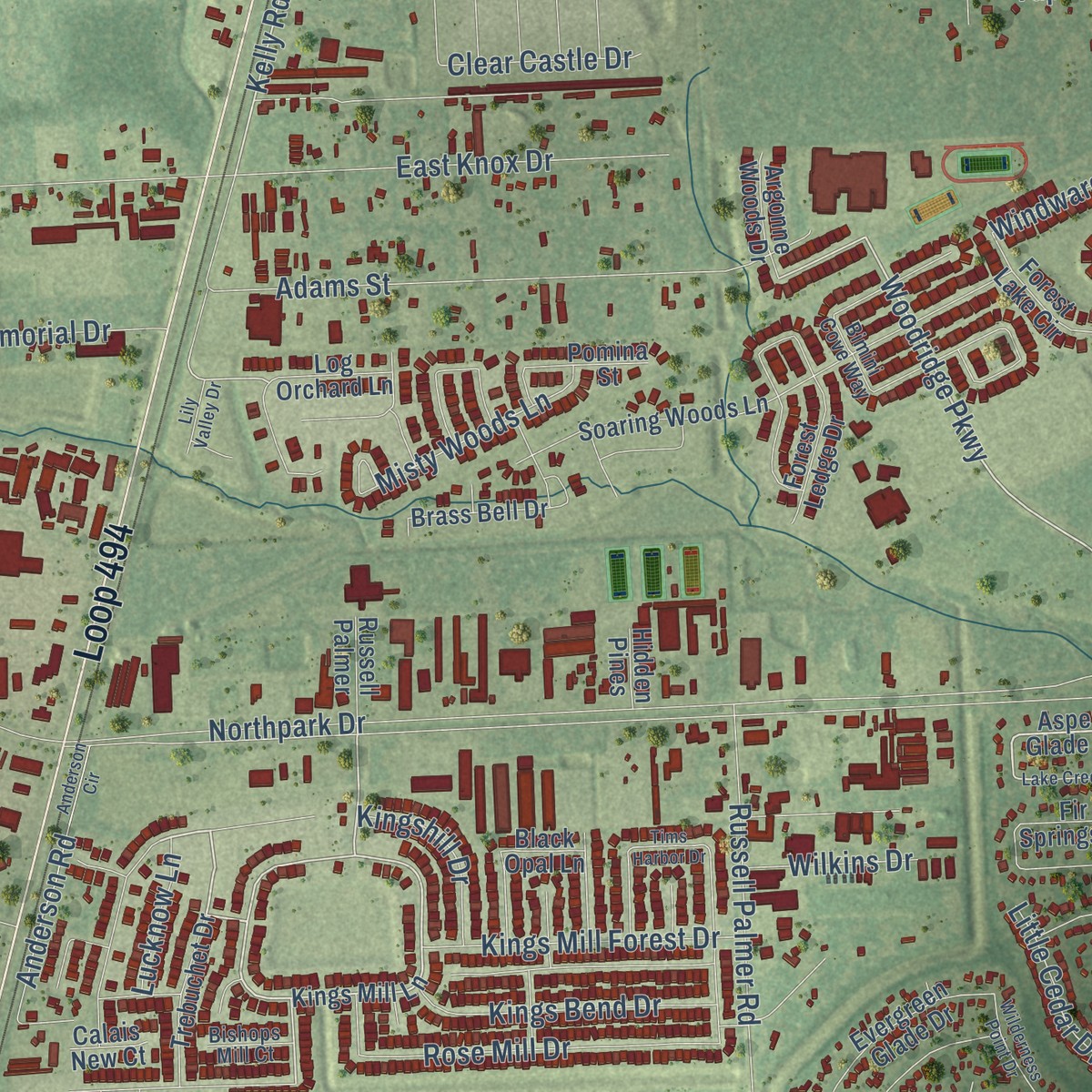 Second close-up of the map of Porter, Texas print showing more streets and buildings