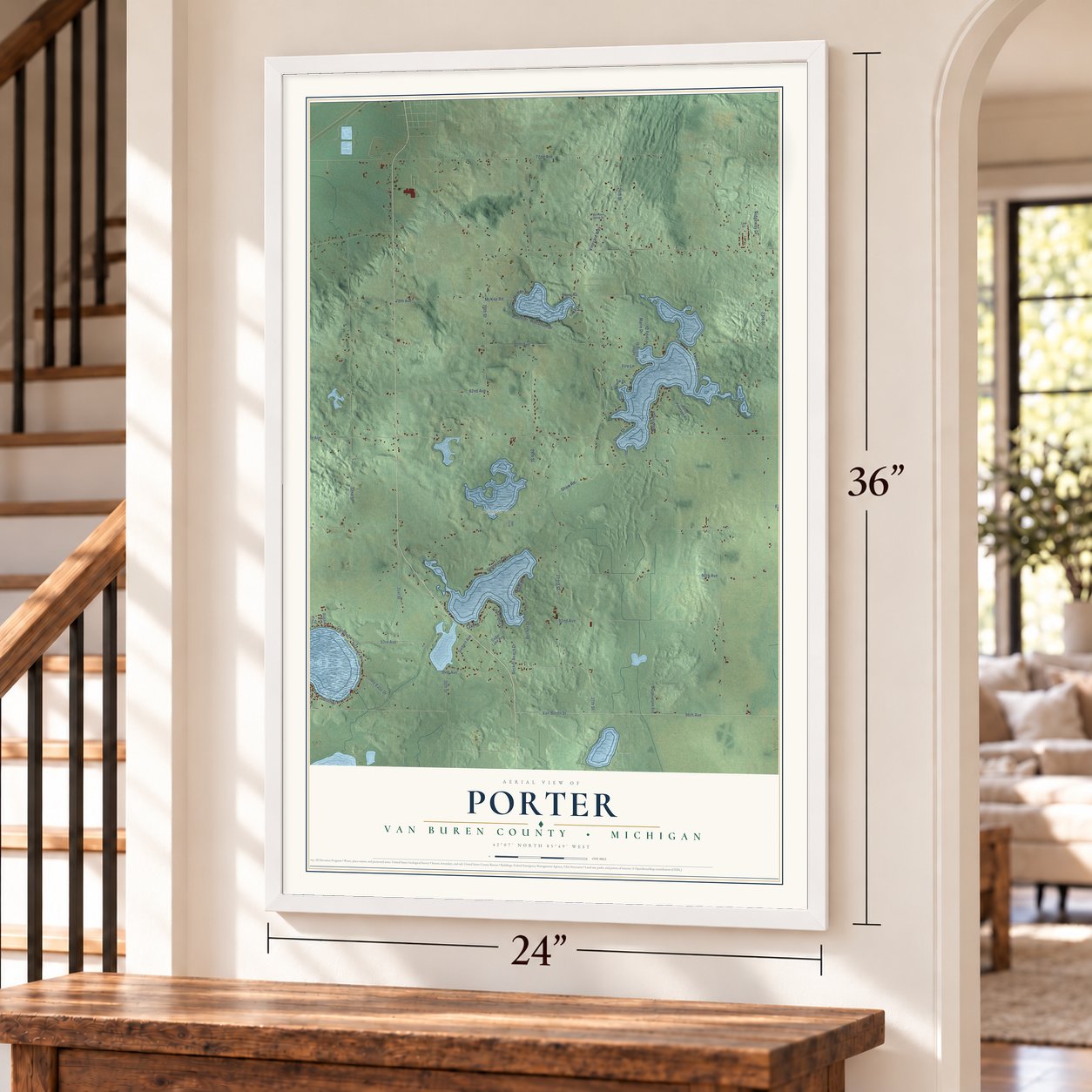 Porter, Van Buren County, Michigan map, 24 x 36 inch print in a white frame by a staircase