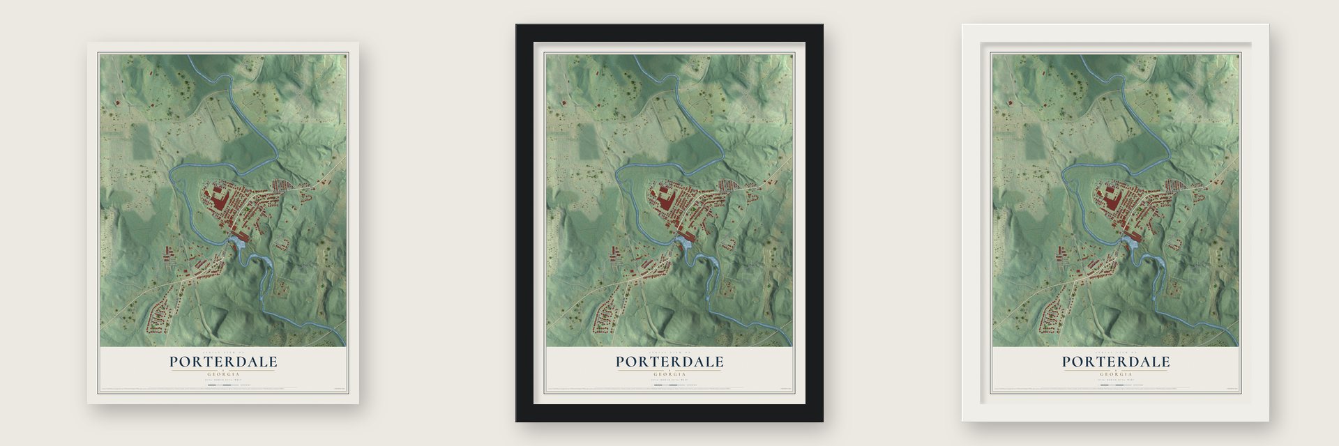 Porterdale, Georgia map unframed, in a black wood frame and in a white wood frame