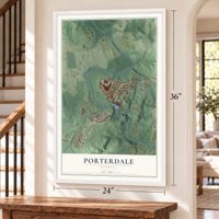 Porterdale, Georgia map, 24 x 36 inch print in a white frame by a staircase