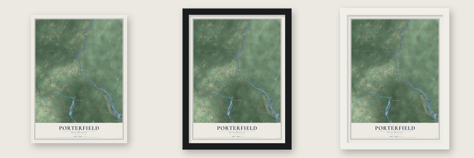 Porterfield, Wisconsin map unframed, in a black wood frame and in a white wood frame