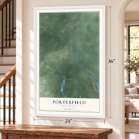 Porterfield, Wisconsin map, 24 x 36 inch print in a white frame by a staircase