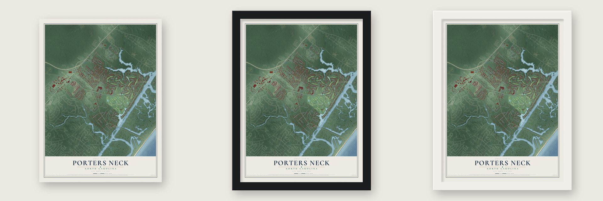 Porters Neck, North Carolina map unframed, in a black wood frame and in a white wood frame