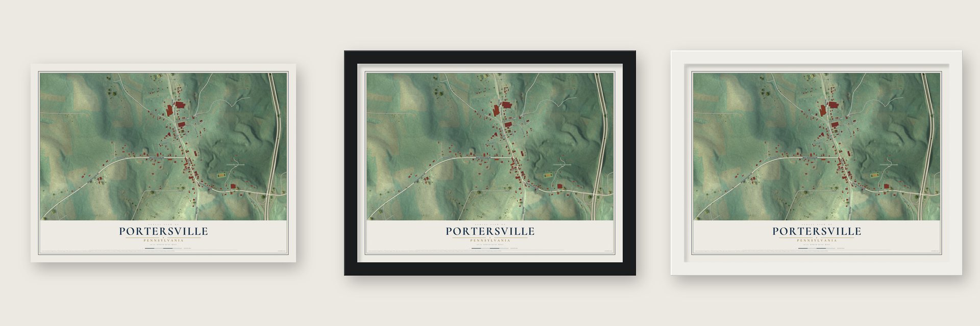 Portersville, Pennsylvania map unframed, in a black wood frame and in a white wood frame