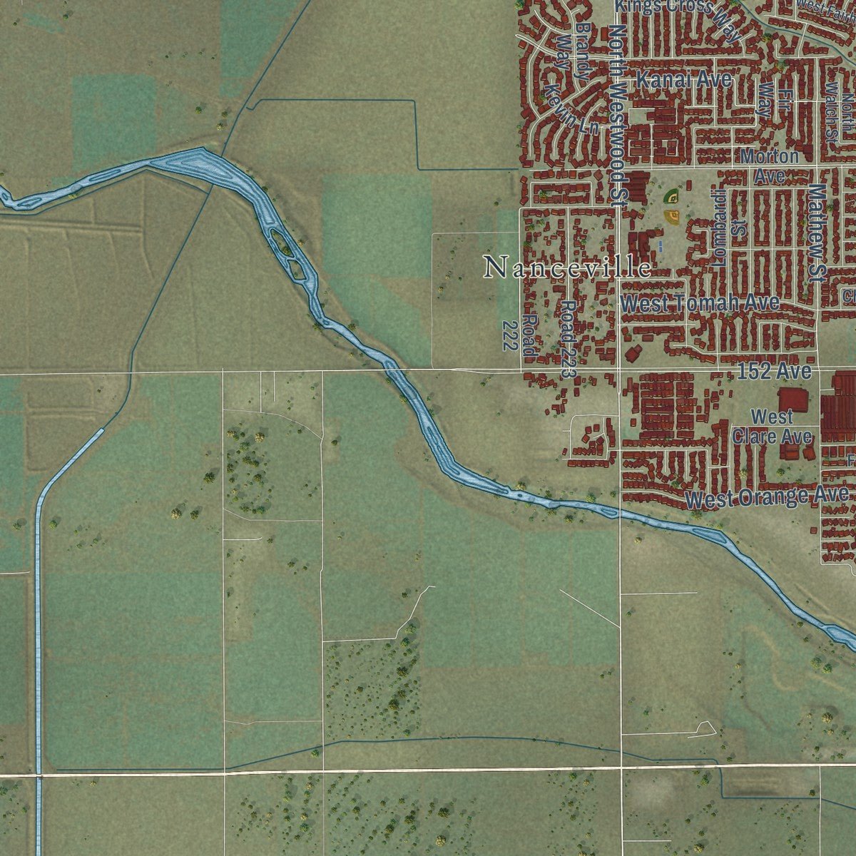Second close-up of the map of Porterville, California print showing more streets and buildings