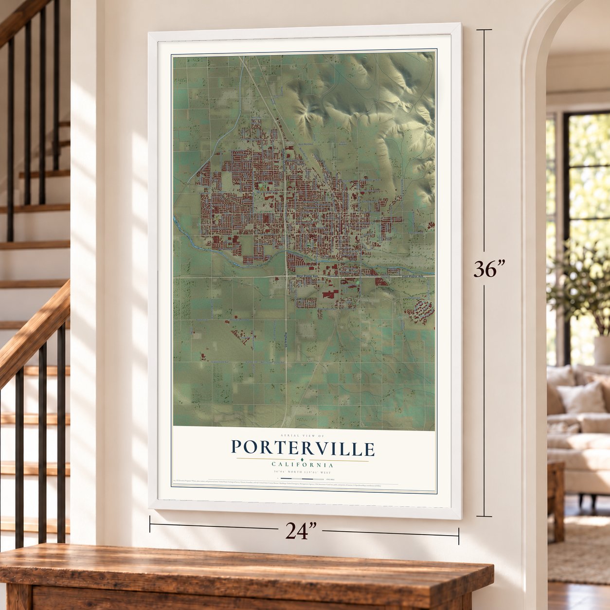 Porterville, California map, 24 x 36 inch print in a white frame by a staircase
