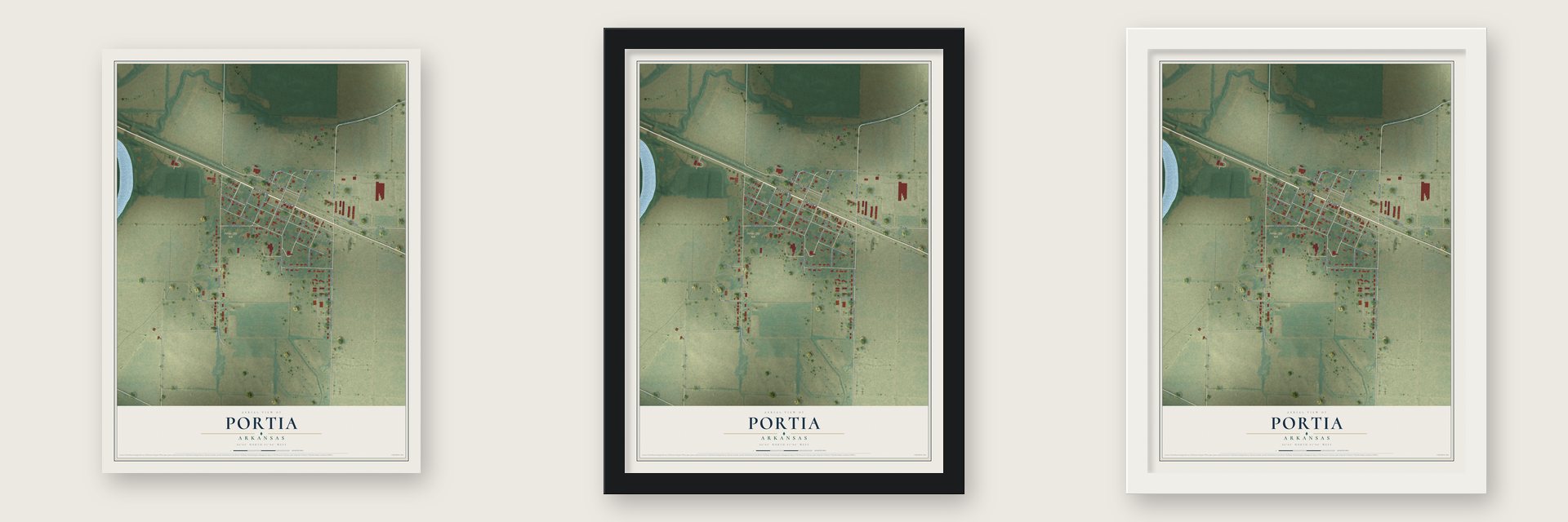 Portia, Arkansas map unframed, in a black wood frame and in a white wood frame