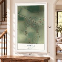 Portia, Arkansas map, 24 x 36 inch print in a white frame by a staircase