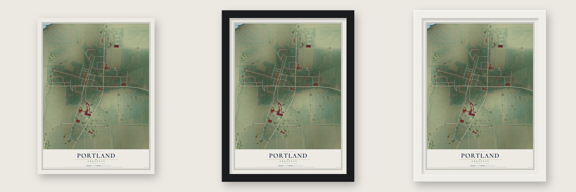 Portland, Arkansas map unframed, in a black wood frame and in a white wood frame