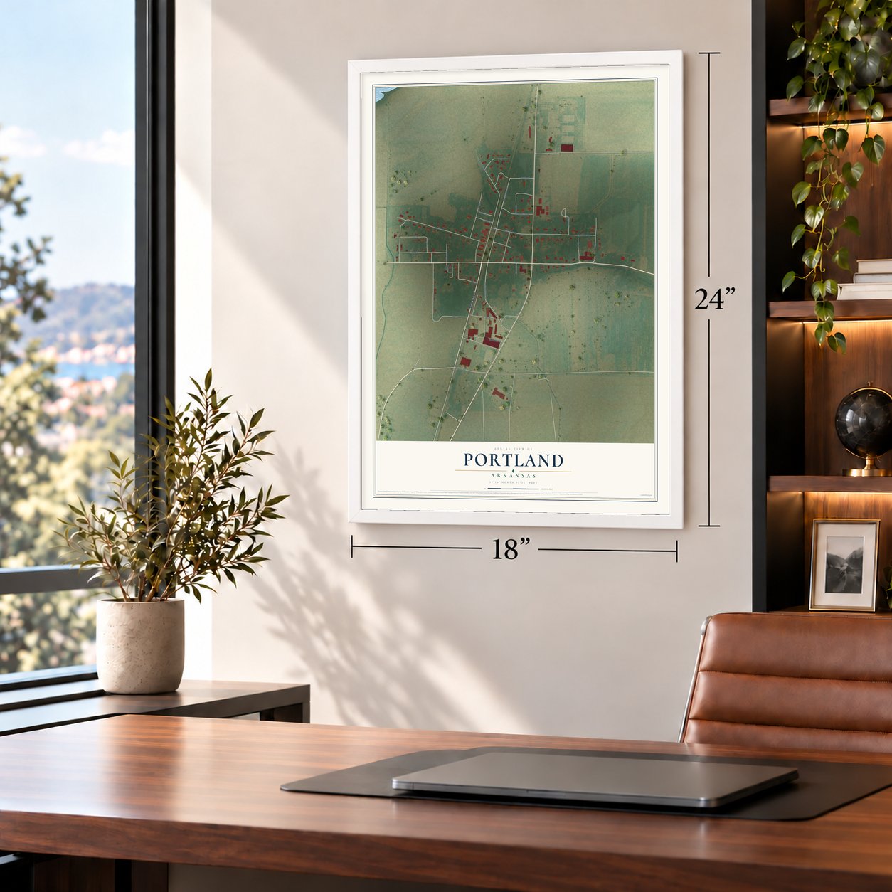Portland, Arkansas map, 18 x 24 inch print in a white frame in a home office