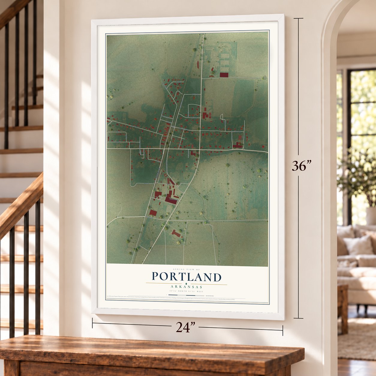 Portland, Arkansas map, 24 x 36 inch print in a white frame by a staircase