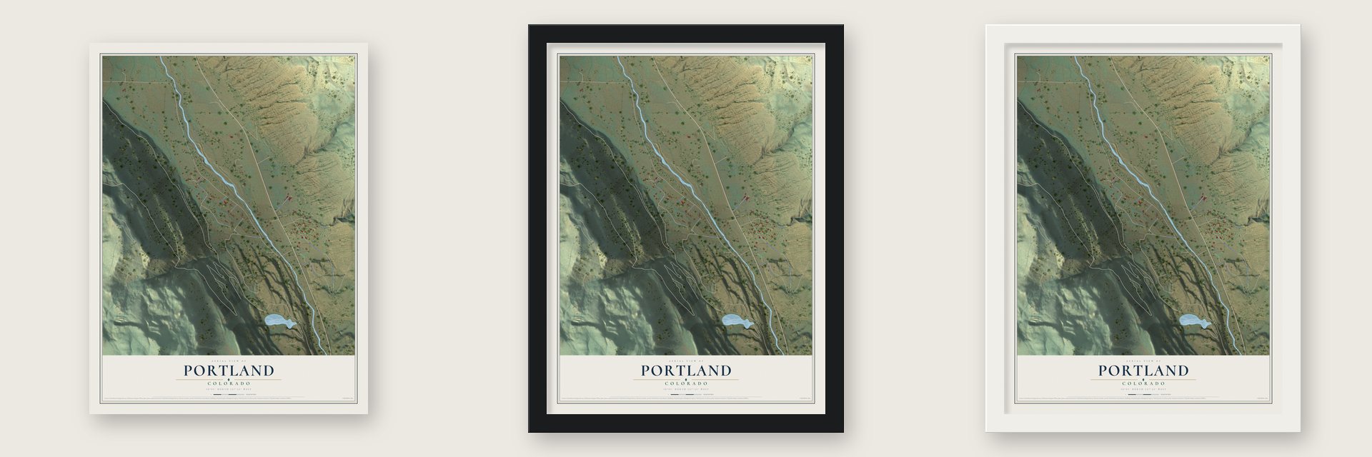 Portland, Colorado map unframed, in a black wood frame and in a white wood frame