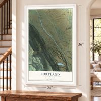 Portland, Colorado map, 24 x 36 inch print in a white frame by a staircase