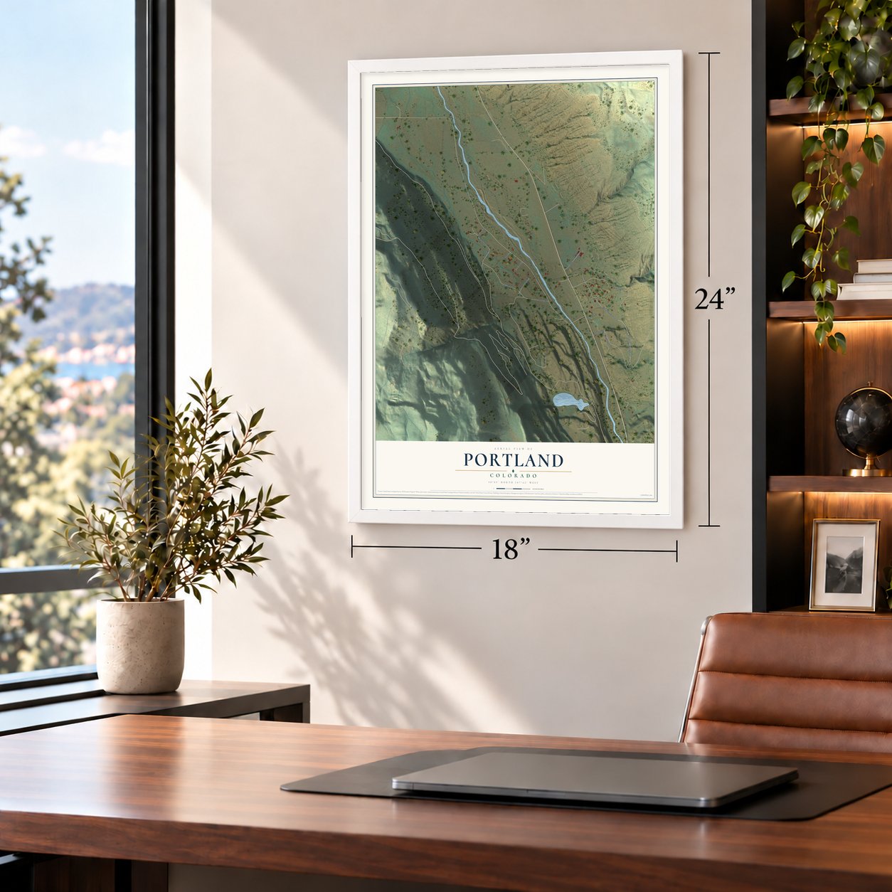 Portland, Colorado map, 18 x 24 inch print in a white frame in a home office